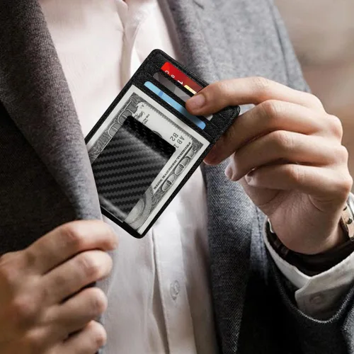 Miniatura 5 de Travelambo Clip para dinero para hombre, de piel, delgado, minimalista, con bloqueo RFID (tejido negro), Cros negros con clip mate, Minimalista
