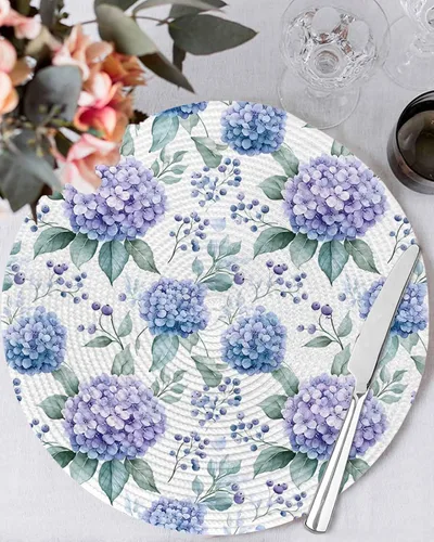 Miniatura 3 de Juego de 2 manteles individuales para mesa de comedor, flores de hortensias moradas, hojas de acuarela, 15 pulgadas, decorativos, redondos