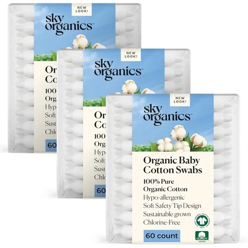 Sky Organics - Hisopos de algodón orgánico para bebés, 180 ct. - Consejos ultra suaves seguros para bebés - Fuerte y duradero - Hipoalergénico - Sin