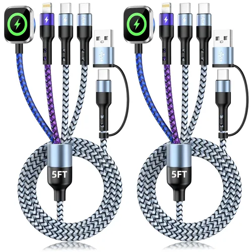Miniatura 12 de Cable de Carga Múltiple para Cargador de Apple Watch, 4 en 1 Cable Cargador de Teléfono USB A/C con Doble Tipo-C/IP, Cable Magnético iWatch de Nylon