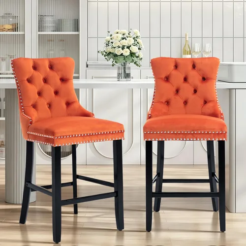 Miniatura 10 de SoarFlash Juego de 2 taburetes de bar tapizados de terciopelo moderno con patas de madera, botones acolchados, cabeza de clavo cromada, asiento