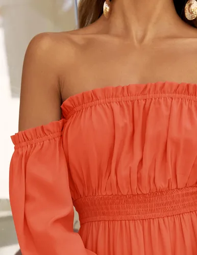 Miniatura 22 de ZESICA - Vestido largo, bohemio y sexy, con hombros descubiertos y manga larga fruncida, con elástico fruncido, cintura alta y abertura lateral