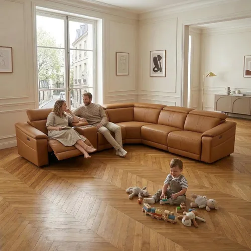 Miniatura 6 de Sofá Seccional Reclinable Eléctrico, Juego de Muebles de Sala en Forma de L, Sofá de Cuero Marrón Claro, Sofá Seccional Reclinable con Consola