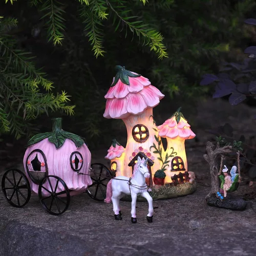 LA Jolie Muse Jardín de hadas de resina, casa de campo de techo floral en miniatura con luces LED solares, juego de 3 figuras de casa de hadas con