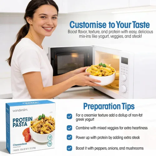 Miniatura 8 de WonderSlim Pasta de Proteína, Macarrones con Queso y Filete, 140 Calorías, 12g de Proteína (7 unidades)