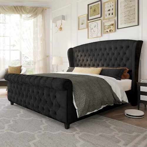 AMERLIFE - Marco de cama Queen con plataforma tapizada en terciopelo, cama de trineos con cabecera y estribo de ala en espiral con botones/sin Negro
