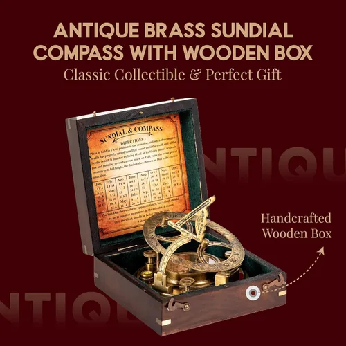 Miniatura 2 de Brújula grande de reloj de sol de 5 pulgadas con caja de madera de palisandro, reloj de reloj de sol de latón antiguo steampunk perfectamente