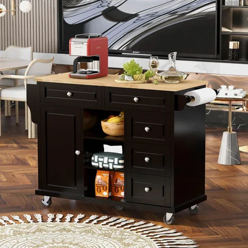 Miniatura 25 de Delicate Rolling Kitchen Island Cart with Rubber Wood Drop-Leaf Countertop and Lockable Rollers,Storage Cabinet and 2 Drawers,Sliding Barn Door