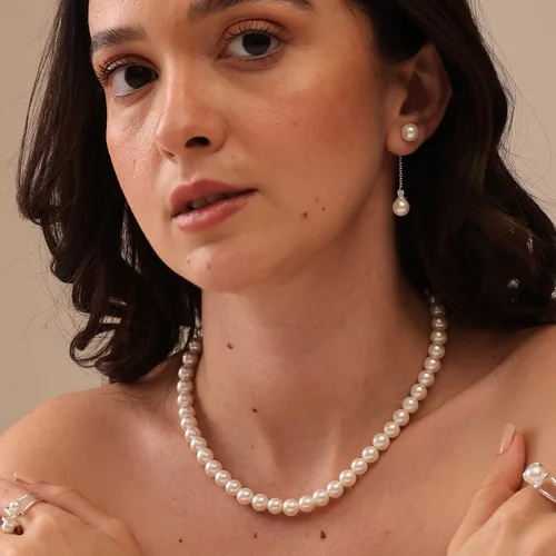 Miniatura 2 de LeCalla Collar de perlas de plata de ley 925, 0.315 in, collares de perlas de imitación para mujer, Plata esterlina, Perla