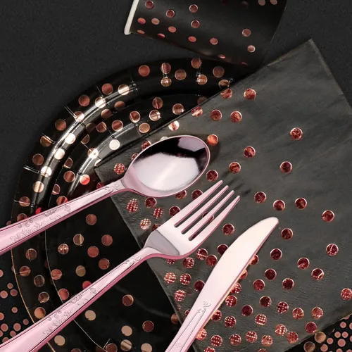 Miniatura 3 de Juego de vajilla desechable dorada de 176 piezas y vajilla desechable de punto dorado para fiesta, platos de papel negro, servilletas, vasos