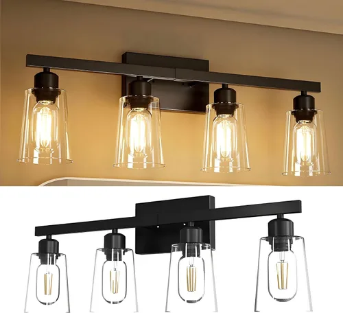 Lightdot Luz de Tocador de Baño de 4 Luces, Accesorios de Luz de Baño de 26.5" Color Negro con Pantallas Impermeables de Vidrio Transparente, Luces