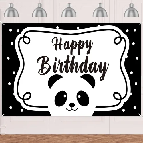 Cartel de feliz cumpleaños de panda lindo telón de fondo blanco y negro oso animales zoológico decoración temática decoración para fiesta de