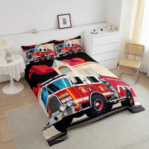 Miniatura 2 de Erosebridal Juego de ropa de cama de camión de bomberos para niños, juego de edredón de vehículo de rescate contra incendios de dibujos animados