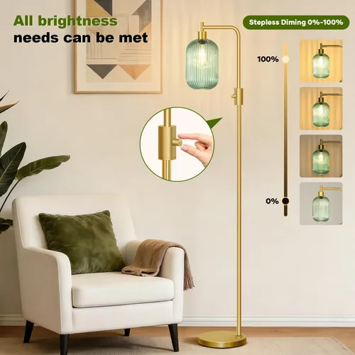 Miniatura 4 de 【Actualizada】Lámpara de pie de vidrio regulable para sala de estar, moderna lámpara de pie dorada con pantalla de vidrio acanalado verde y atenuador
