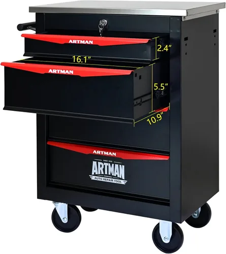 Miniatura 2 de Runboll Caja de Herramientas Rodante de 4 Cajones con Casillero, Carro de Herramientas de Metal Móvil con Cerradura de 22.2" de Profundidad, Caja