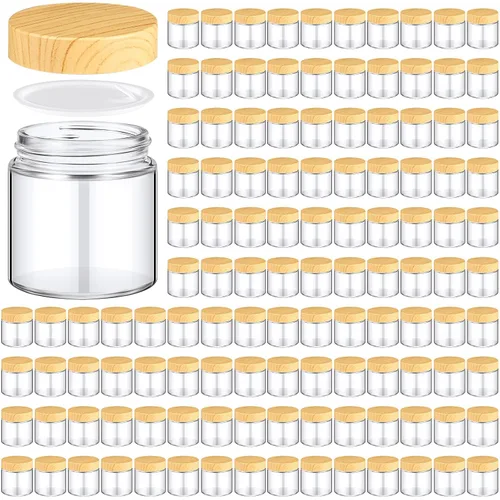 Norme 120 tarros de vidrio de 4 onzas con tapas, recipientes de vidrio vacíos con tapas de grano de madera y revestimientos interiores,