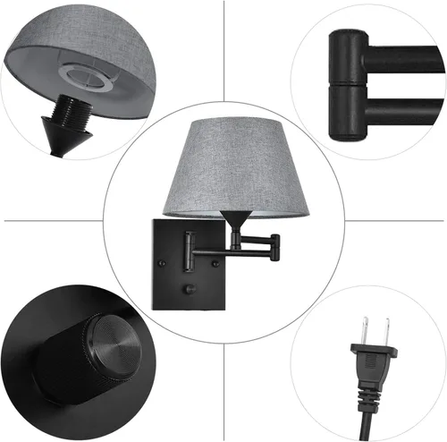 Miniatura 2 de Pauwer Juego de 2 apliques de pared enchufables con brazo oscilante con cable de enchufe y pantalla de tela gris, accesorios de pared para pasillo
