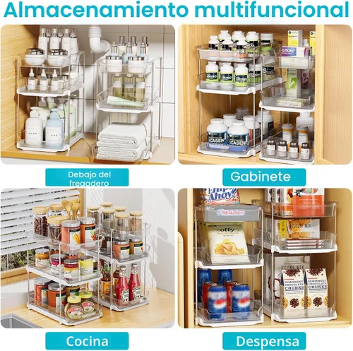 Miniatura 4 de Delamu 2 juegos de 3 niveles de organizadores y almacenamiento para debajo del fregadero del baño, organización y almacenamiento de despensa Blanco