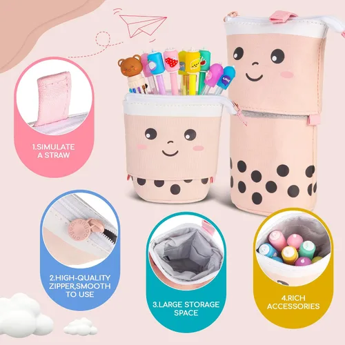 Miniatura 3 de Juego de papelería de té de burbujas, 61 piezas de suministros escolares Kawaii y estuche Boba para niñas, con 8 bolígrafos, 50 calcomanías, bolsa