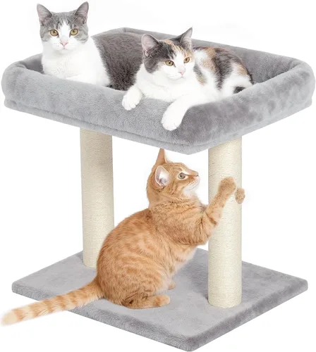 Árbol para gatos con poste rascador, cama superior grande de 19 x 15.8 pulgadas, torre pequeña para gatos de interior, postes de sisal natural claro