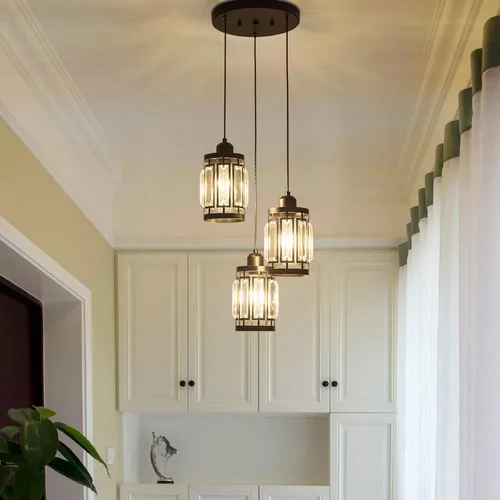 Miniatura 5 de Lámpara colgante de 3 luces de granja ajustable para colgar en el techo con cristales K9 para cocina, restaurante, cafetería, comedor, isla