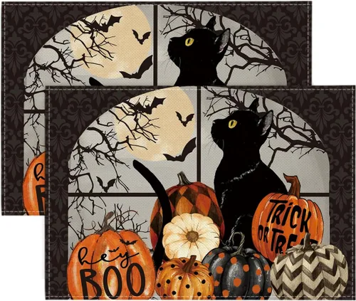 Artoid Mode Boo - Juego de 2 manteles individuales de Halloween con diseño de calabazas de gato negro, 12 x 18 pulgadas, para decoración de fiestas,