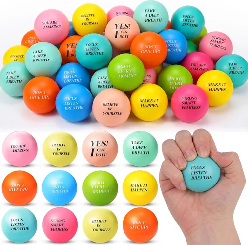 Miniatura 12 de Sotiff 100 bolas de estrés a granel para adultos, espuma colorida para aliviar el estrés, juguetes de regalo con citas motivacionales, bolas