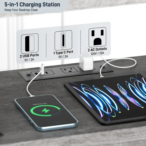 Miniatura 4 de runjuly Mesita de noche de madera con cerradura, mesa auxiliar de cama con cajones, mesita de noche con estación de carga, 3 USB y 2 tomas, mesita