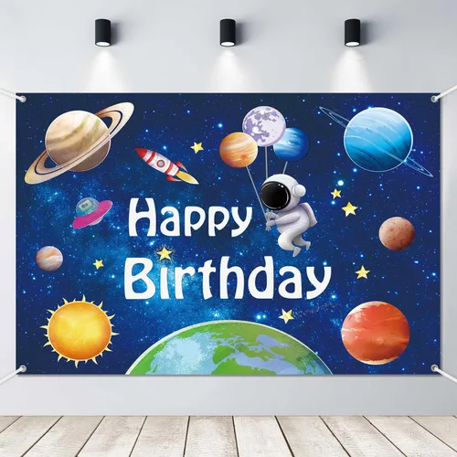 Miniatura 2 de Pancarta de fondo de feliz cumpleaños de planetas astronautas espaciales, suministros de decoración de fiesta de cumpleaños para niños, sistema