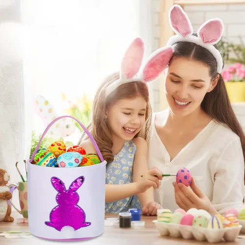 Miniatura 7 de Saintrygo 6 bolsas de cesta de conejo de Pascua para niños, cesta de caza de huevos de Pascua con asa, bolsas de regalo, cubo de transporte, Bright