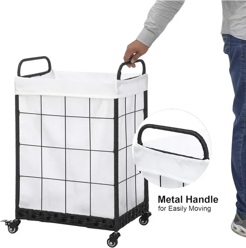 Miniatura 3 de Cesta de lavandería resistente con ruedas enrollables con cerradura, cesta de lavandería duradera y plegable con bolsa extraíble y asa de metal