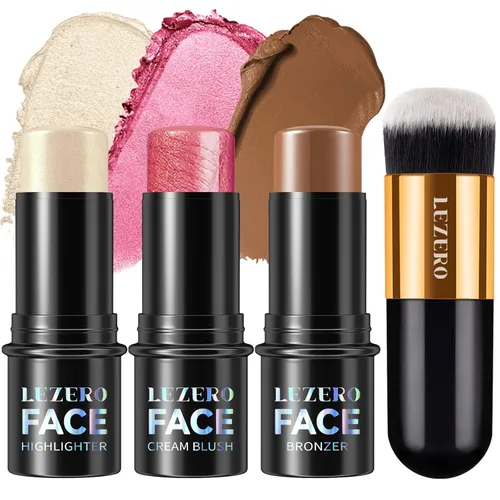 Lezero Kit de maquillaje en barra de contorno de 3 piezas, tonos con resaltador, rubor y bronceador para esculpir la cara y todo tipo de piel, larga