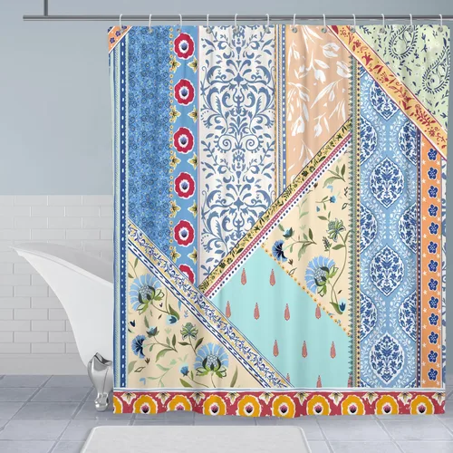 Cortina de ducha floral bohemia para baño, cortina de ducha bohemia retro azul colorida con ganchos, cortinas de ducha de tela de poliéster,