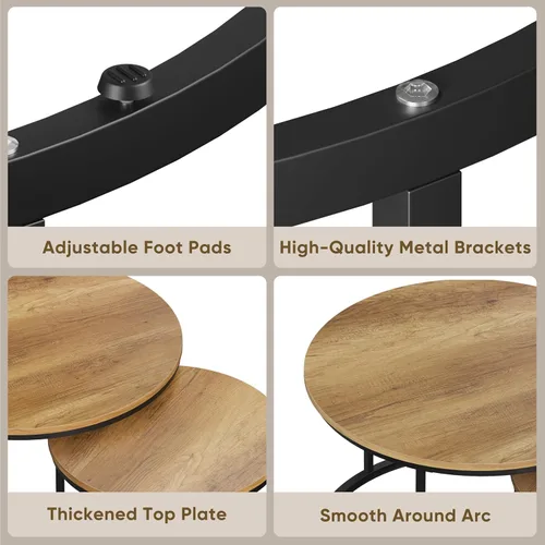 Miniatura 4 de Smuxee - Juego de 2 mesas de café anidadas, mesa de café redonda de 27.6" con tapa de grano de madera y patas ajustables antideslizantes, mesa Marrón