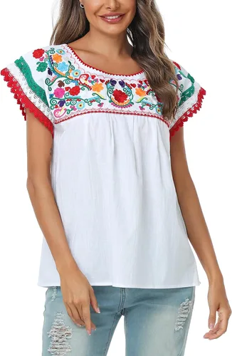 Miniatura 4 de YZXDORWJ Blusa tradicional colorida con encaje bordado mexicano para mujer, camiseta tricolor para el día de la independencia mexicana