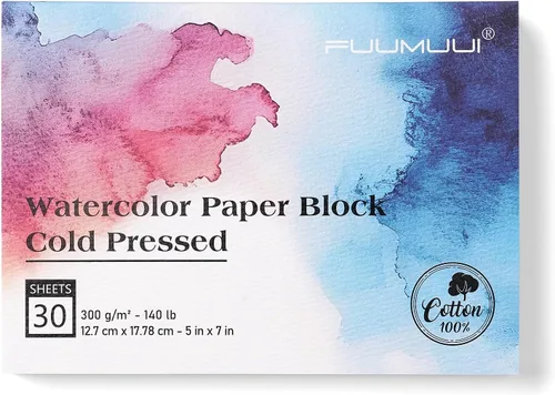 Fuumuui - Bloque de papel de acuarela de 5 x 7 pulgadas, bloc de papel de acuarela 100% algodón de 30 hojas, 140 libras/300 gsm, papel de arte