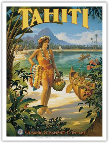 Miniatura 9 de Tahiti - Oceanic Steamship Company - Tahitian Native with Fruit and Flower Leis - Vintage Ocean Liner Travel Poster by Kerne Erickson - Master Art