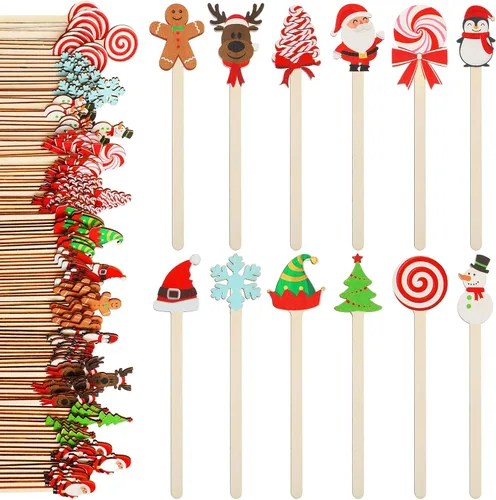 Miniatura 8 de Jinei 120 unidades de palillos de café de madera de Navidad, palillos de cóctel de madera para café, agitadores desechables para bebidas