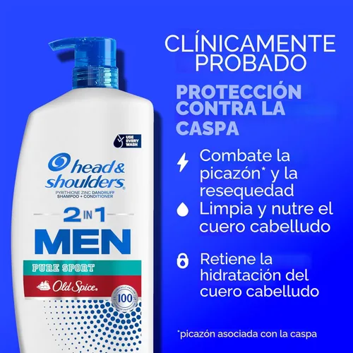 Miniatura 2 de Head & Shoulders Champú y acondicionador anticaspa, Old Spice Pure Sport para hombres 2 en 1, paquete doble, 1% de piritiona de zinc, champú