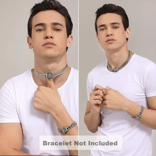 Miniatura 8 de Cadena de eslabones cubanos para hombre, gargantilla de león, collar de plata Hip Hop de 18 pulgadas, 20 pulgadas y pulsera de 8.5 pulgadas, juego