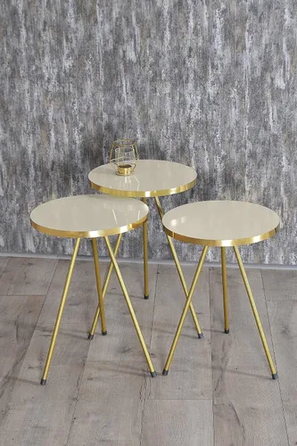 Miniatura 5 de Juego de 3 mesas anidadas, mesas auxiliares redondas apilables para espacios pequeños, mesita de noche para sala de estar, dormitorio, sala de beige