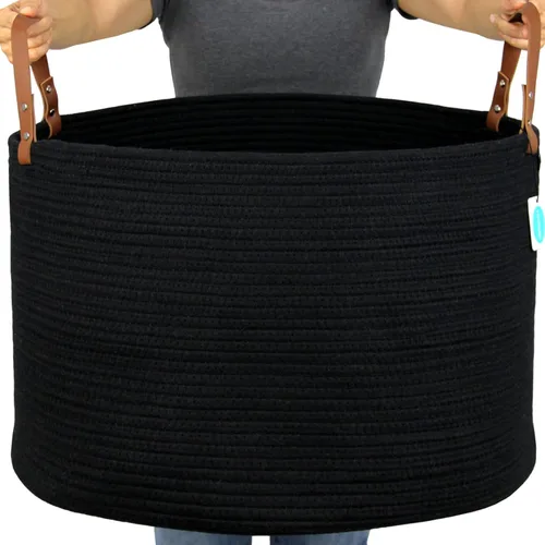 Miniatura 14 de Casaphoria Cesta de cuerda de algodón XXXL para sala de estar, cesta de almacenamiento tejida con asa larga para mantas, toallas y almohadas, cesta