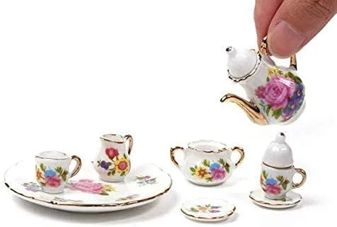 EatingBiting Colección Nivel 1:12 Escala 1/12 8PCS Elegante Flora Miniatura Mini Casa Porcelana Plato de Té de Porcelana, Tetera, Taza, Juego de