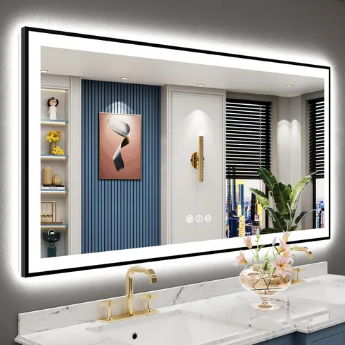Miniatura 89 de 30x36 Espejo de baño LED con luces, retroiluminado y luz frontal, espejo de tocador iluminado antivaho para pared de baño, 3 colores, regulable