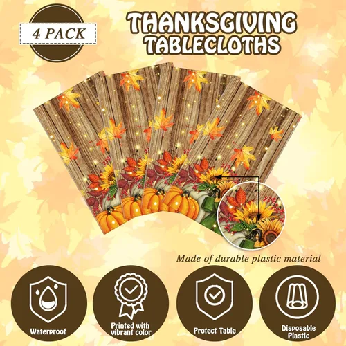 Miniatura 4 de Tranqun 4 manteles de otoño de 108 x 54 pulgadas, mantel rectangular de plástico de calabaza de Acción de Gracias, hojas de arce, hojas de arce
