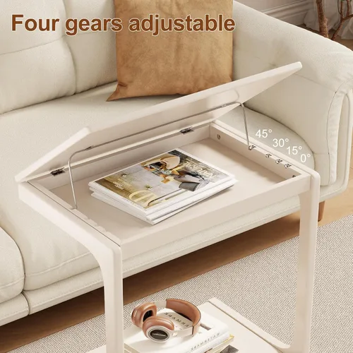 Miniatura 2 de AQIMUELE Mesa auxiliar de madera en forma de C, escritorio de sofá con 2 ruedas con cerradura, mesa de sofá de 4 niveles con bolsa de Natural