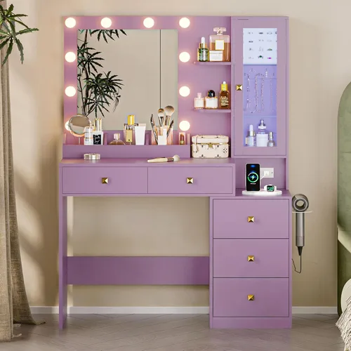 Miniatura 14 de Escritorio de tocador con espejo y luces, tocador de maquillaje negro con 5 cajones, organizador de joyas oculto y gabinete de cristal LED, 3 modos