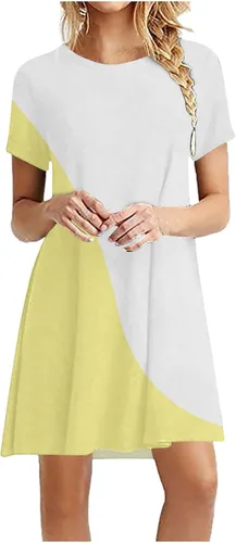 Vestidos fluidos para mujer Color Patchwork suelto Moda Fiesta Midi Vestido de Manga Corta Cuello Redondo Vestido Fiesta