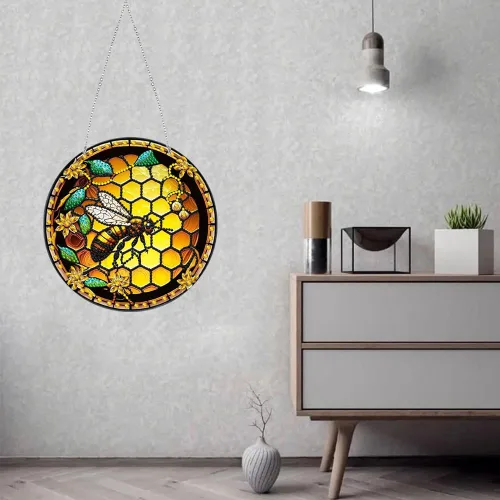 Miniatura 2 de Kit de pintura de diamante de abeja 5D DIY, letrero colgante de arte de pared, arte de abeja, diamante, atrapasoles, adorno colgante de ventana