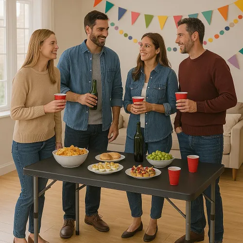 Miniatura 4 de Magshion Mesa plegable de plástico de 4 pies, mesa de comedor portátil plegable para interiores y exteriores con asa, ideal para picnic y Negro